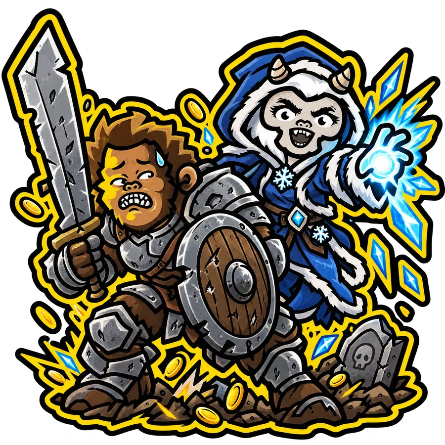 Bing the bigfoot, sweating in battered plate armour behind a sword and shield, next to Beti the yeti casting a frost spell, on a pile of gold beside a tombstone