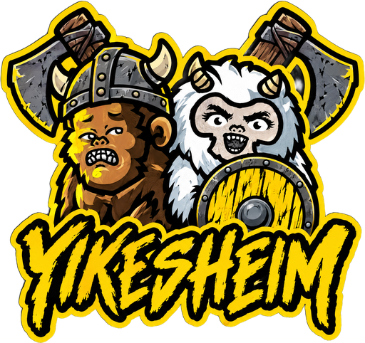 Yikesheim badge: Bing and Beti in Viking helmets with crossed axes